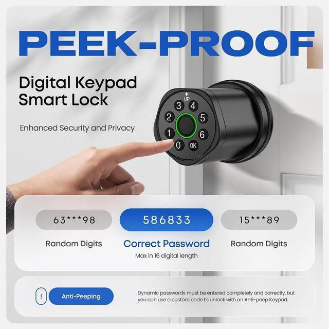 Alt view image 5 of 7 - Smart Fingerprint Door Lock, Interior Bedroom Password Lock with Replaceable Knob Design, Digital Electronic Lock with Tuya APP Control for Home Wooden Doors (Black)