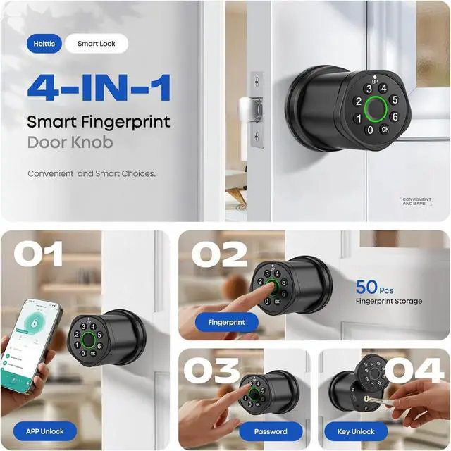 Alt view image 4 of 7 - Smart Fingerprint Door Lock, Interior Bedroom Password Lock with Replaceable Knob Design, Digital Electronic Lock with Tuya APP Control for Home Wooden Doors (Black)