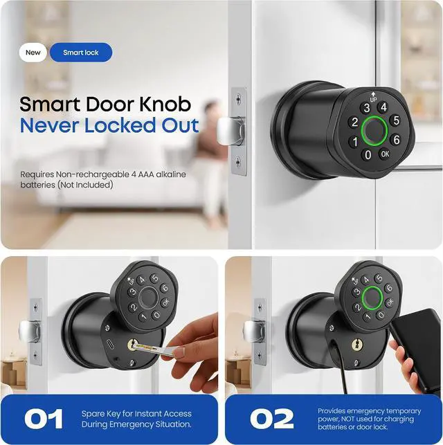 Alt view image 6 of 7 - Smart Fingerprint Door Lock, Interior Bedroom Password Lock with Replaceable Knob Design, Digital Electronic Lock with Tuya APP Control for Home Wooden Doors (Black)