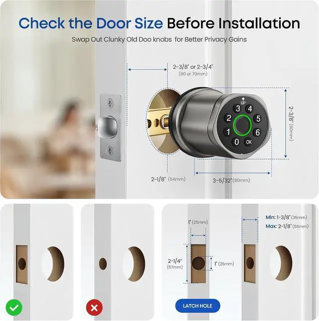 Alt view image 3 of 7 - Smart Fingerprint Door Lock, Interior Bedroom Password Lock with Replaceable Knob Design, Digital Electronic Lock with Tuya APP Control for Home Wooden Doors (Grey)