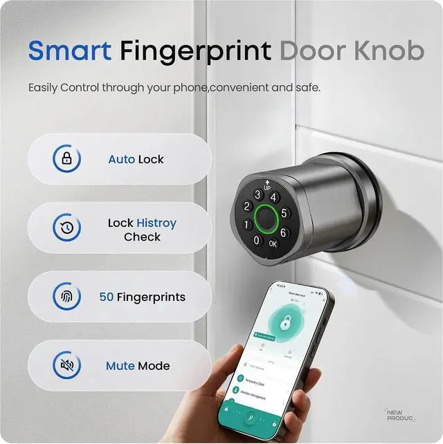 Alt view image 4 of 7 - Smart Fingerprint Door Lock, Interior Bedroom Password Lock with Replaceable Knob Design, Digital Electronic Lock with Tuya APP Control for Home Wooden Doors (Grey)
