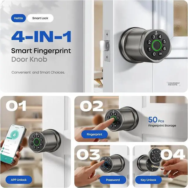 Alt view image 6 of 7 - Smart Fingerprint Door Lock, Interior Bedroom Password Lock with Replaceable Knob Design, Digital Electronic Lock with Tuya APP Control for Home Wooden Doors (Grey)