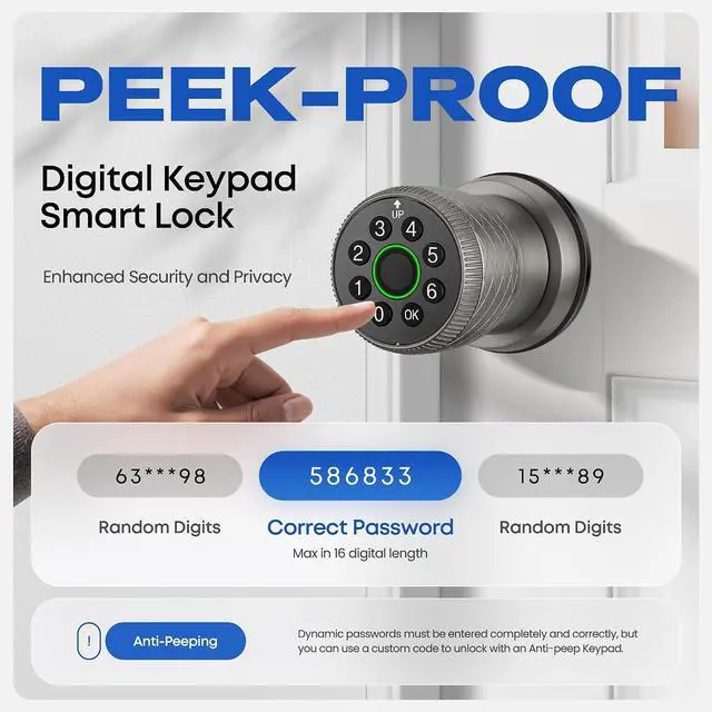 Alt view image 7 of 7 - Smart Fingerprint Door Lock, Interior Bedroom Door Lock with Password Keypad, Replaceable Knob Electronic Lock with Tuya APP Control for Home Wooden Doors(Grey)