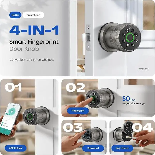 Alt view image 5 of 7 - Smart Fingerprint Door Lock, Interior Bedroom Door Lock with Password Keypad, Replaceable Knob Electronic Lock with Tuya APP Control for Home Wooden Doors(Grey)