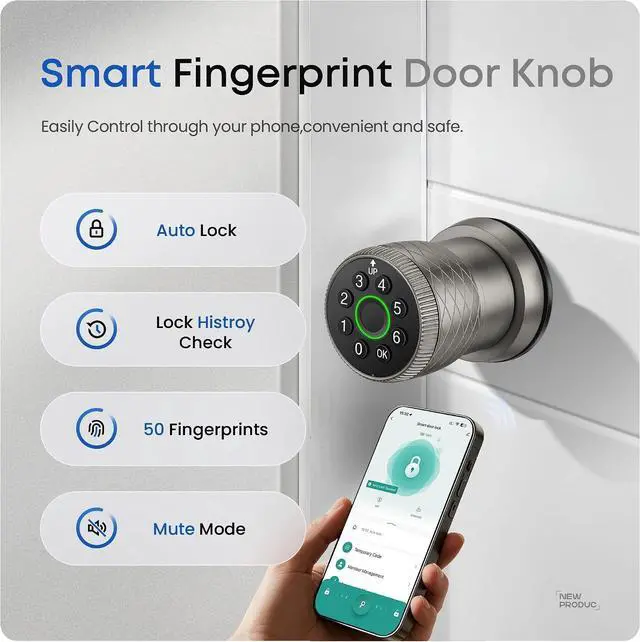 Alt view image 6 of 7 - Smart Fingerprint Door Lock, Interior Bedroom Door Lock with Password Keypad, Replaceable Knob Electronic Lock with Tuya APP Control for Home Wooden Doors(Grey)