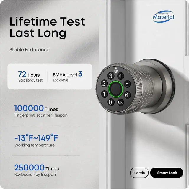Alt view image 3 of 7 - Smart Fingerprint Door Lock, Interior Bedroom Door Lock with Password Keypad, Replaceable Knob Electronic Lock with Tuya APP Control for Home Wooden Doors(Grey)