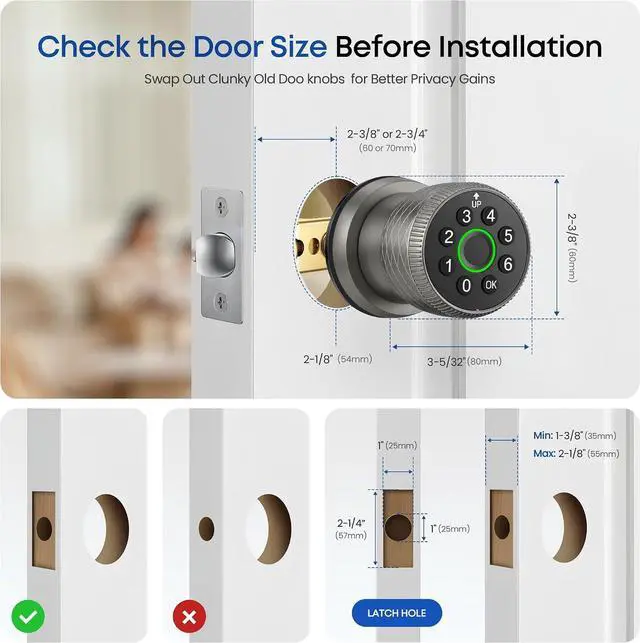 Alt view image 2 of 7 - Smart Fingerprint Door Lock, Interior Bedroom Door Lock with Password Keypad, Replaceable Knob Electronic Lock with Tuya APP Control for Home Wooden Doors(Grey)