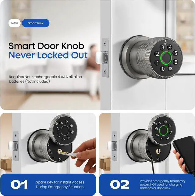 Alt view image 4 of 7 - Smart Fingerprint Door Lock, Interior Bedroom Door Lock with Password Keypad, Replaceable Knob Electronic Lock with Tuya APP Control for Home Wooden Doors(Grey)