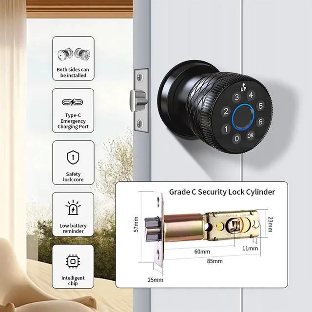 Alt view image 4 of 7 - Smart Fingerprint Door Lock, Interior Bedroom Door Lock with Password Keypad, Replaceable Knob Electronic Lock with Tuya APP Control for Home Wooden Doors(Black)