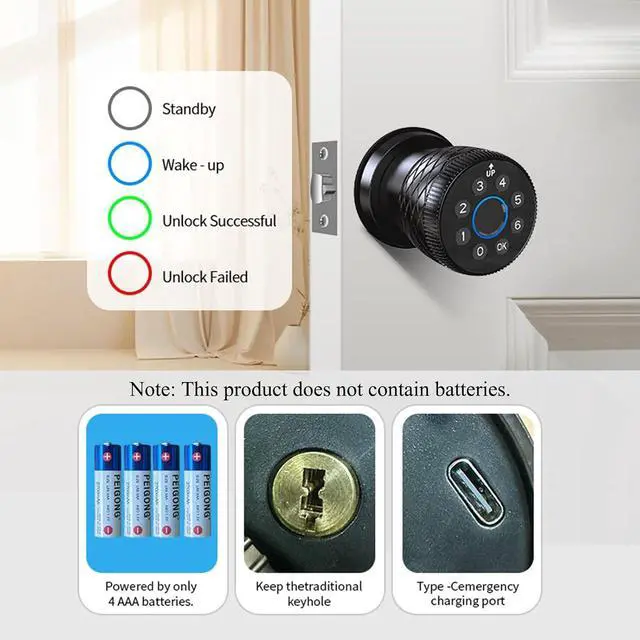 Alt view image 5 of 7 - Smart Fingerprint Door Lock, Interior Bedroom Door Lock with Password Keypad, Replaceable Knob Electronic Lock with Tuya APP Control for Home Wooden Doors(Black)