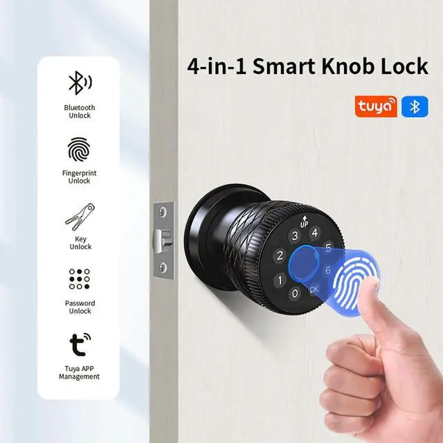Alt view image 2 of 7 - Smart Fingerprint Door Lock, Interior Bedroom Door Lock with Password Keypad, Replaceable Knob Electronic Lock with Tuya APP Control for Home Wooden Doors(Black)