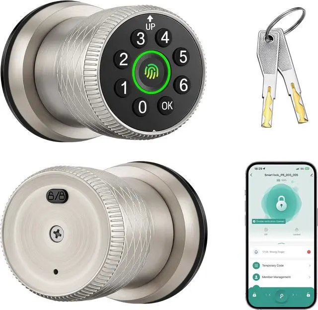 Main image of Smart Fingerprint Door Lock, Interior Bedroom Door Lock with Password Keypad, Replaceable Knob Electronic Lock with Tuya APP Control for Home Wooden Doors( Satin Nickel)