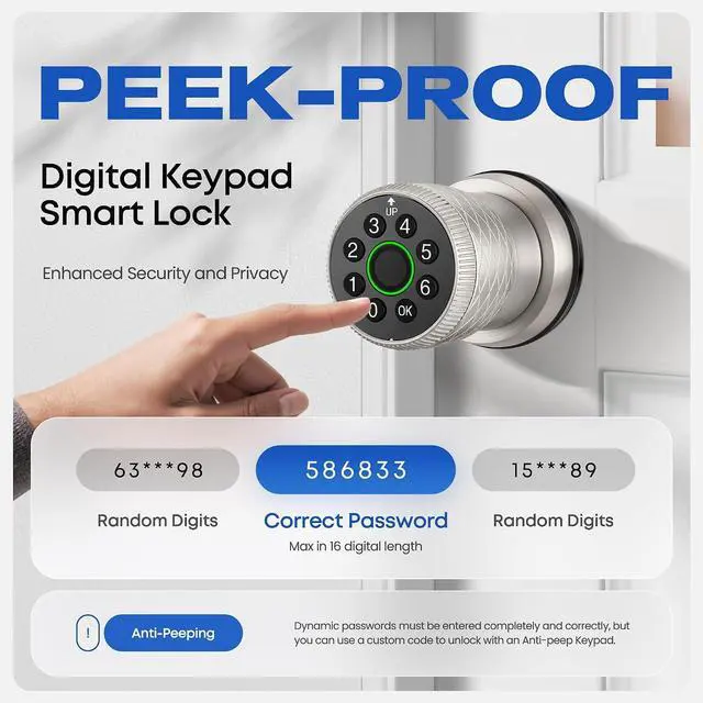 Alt view image 5 of 7 - Smart Fingerprint Door Lock, Interior Bedroom Door Lock with Password Keypad, Replaceable Knob Electronic Lock with Tuya APP Control for Home Wooden Doors( Satin Nickel)