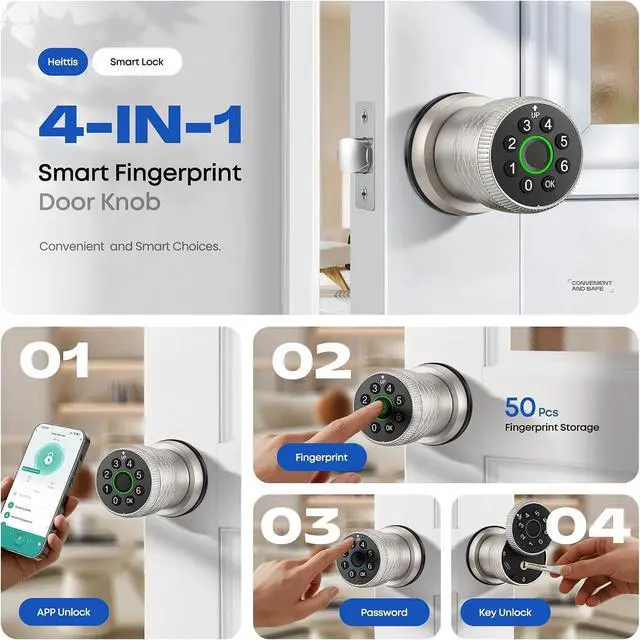 Alt view image 3 of 7 - Smart Fingerprint Door Lock, Interior Bedroom Door Lock with Password Keypad, Replaceable Knob Electronic Lock with Tuya APP Control for Home Wooden Doors( Satin Nickel)