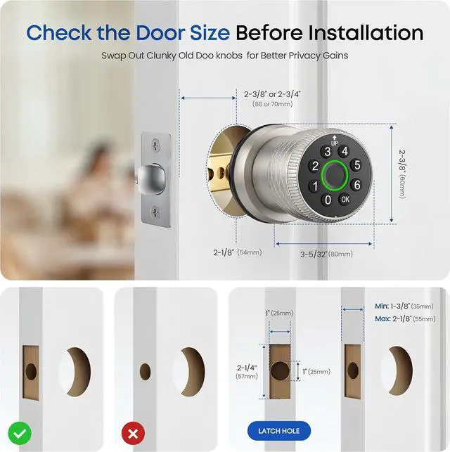 Alt view image 7 of 7 - Smart Fingerprint Door Lock, Interior Bedroom Door Lock with Password Keypad, Replaceable Knob Electronic Lock with Tuya APP Control for Home Wooden Doors( Satin Nickel)