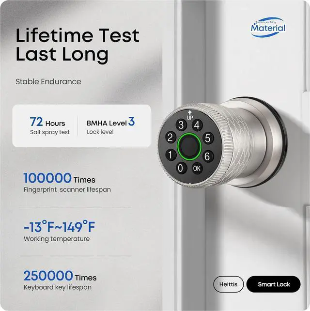 Alt view image 2 of 7 - Smart Fingerprint Door Lock, Interior Bedroom Door Lock with Password Keypad, Replaceable Knob Electronic Lock with Tuya APP Control for Home Wooden Doors( Satin Nickel)