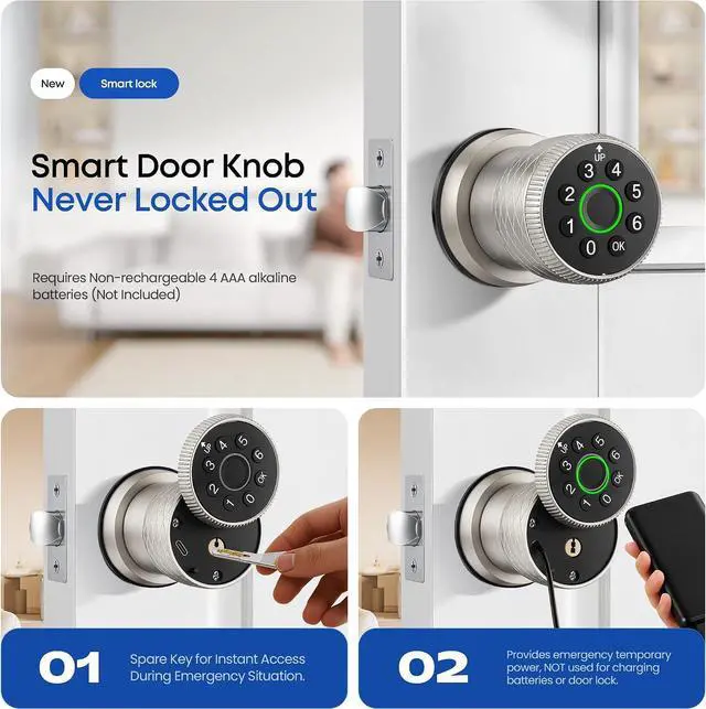 Alt view image 4 of 7 - Smart Fingerprint Door Lock, Interior Bedroom Door Lock with Password Keypad, Replaceable Knob Electronic Lock with Tuya APP Control for Home Wooden Doors( Satin Nickel)