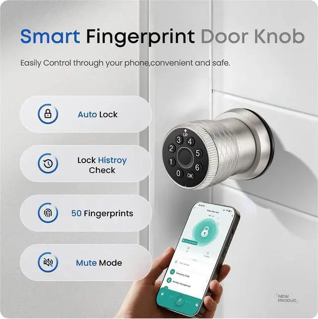 Alt view image 6 of 7 - Smart Fingerprint Door Lock, Interior Bedroom Door Lock with Password Keypad, Replaceable Knob Electronic Lock with Tuya APP Control for Home Wooden Doors( Satin Nickel)