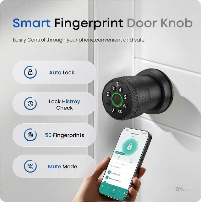 Alt view image 7 of 7 - Smart Fingerprint Door Lock, Interior Bedroom Door Lock with Password Keypad, Replaceable Knob Electronic Lock with Tuya APP Control for Home Wooden Doors(Black)