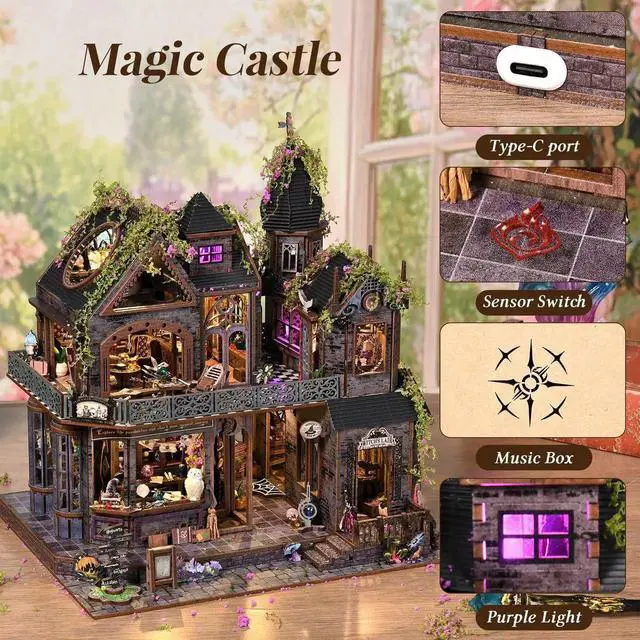 Alt view image 3 of 6 - Magic Castle DIY Dollhouse Model Kit Handmade Wooden 3D Puzzle House , Miniature Furniture & Gothic Architecture, Creative Assembly Gift