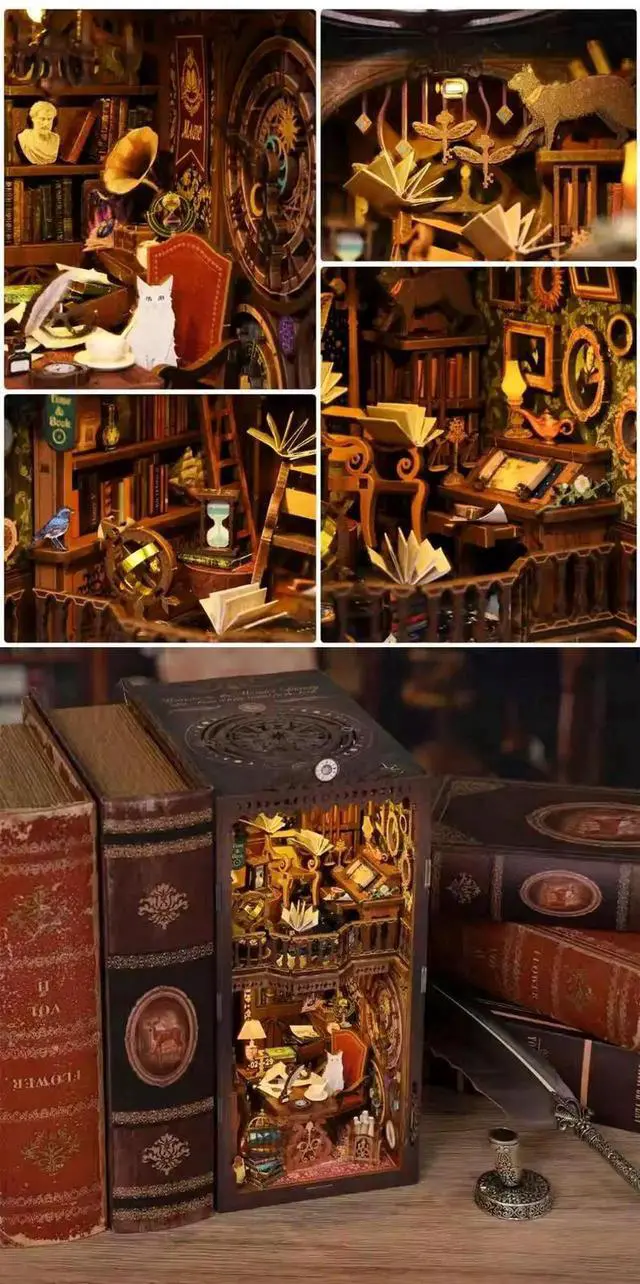 Alt view image 4 of 7 - DIY Magic Time Library Book Nook Kit, Miniature Wooden House Building Model, Handmade Bookshelf Insert Decor, Creative Craft Puzzle Gift