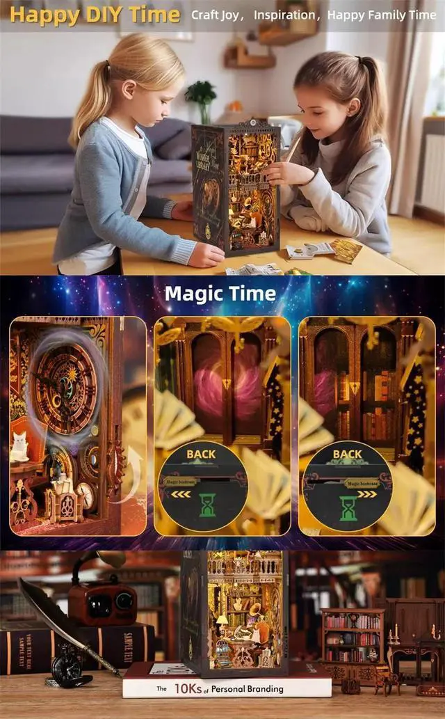 Alt view image 7 of 7 - DIY Magic Time Library Book Nook Kit, Miniature Wooden House Building Model, Handmade Bookshelf Insert Decor, Creative Craft Puzzle Gift