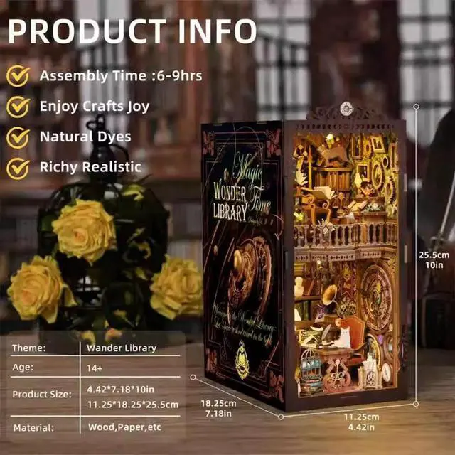 Alt view image 2 of 7 - DIY Magic Time Library Book Nook Kit, Miniature Wooden House Building Model, Handmade Bookshelf Insert Decor, Creative Craft Puzzle Gift