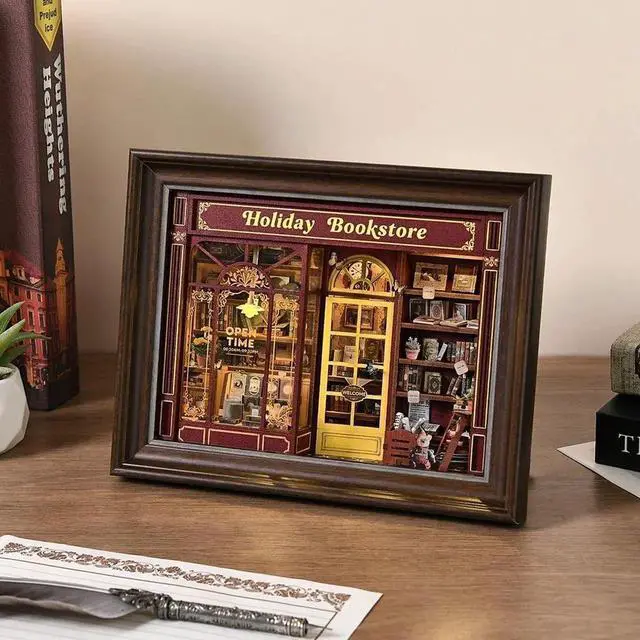 Alt view image 4 of 6 - Book Nook Kit-3D Wooden Puzzle with LED Switch Control & Wall-Mountable Frame,DIY Miniature House for Beginners,Bookshelf/Tabletop/Wall Decor for Craft Lovers,Dollhouse Gift,Holiday Bookstore