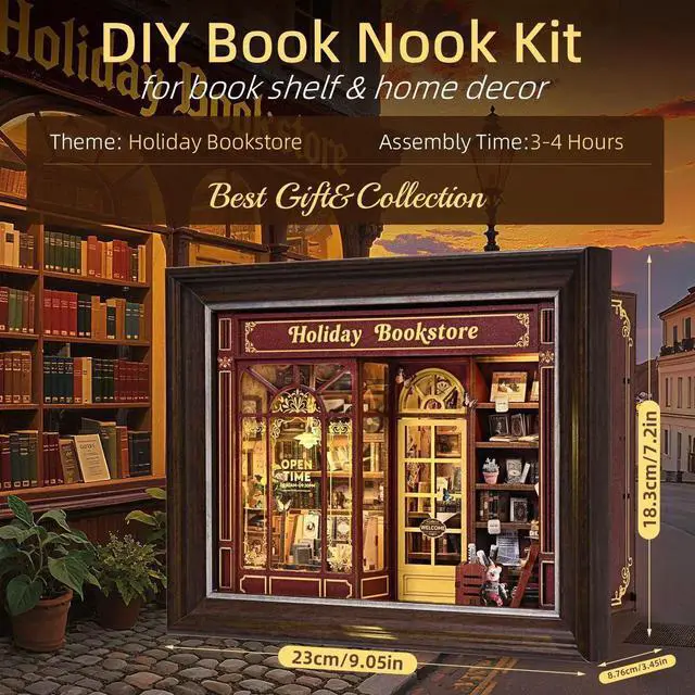 Alt view image 3 of 6 - Book Nook Kit-3D Wooden Puzzle with LED Switch Control & Wall-Mountable Frame,DIY Miniature House for Beginners,Bookshelf/Tabletop/Wall Decor for Craft Lovers,Dollhouse Gift,Holiday Bookstore