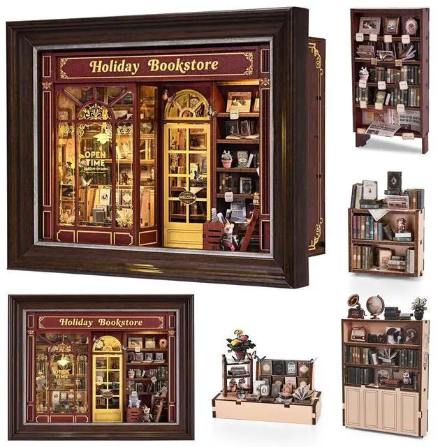 Alt view image 2 of 6 - Book Nook Kit-3D Wooden Puzzle with LED Switch Control & Wall-Mountable Frame,DIY Miniature House for Beginners,Bookshelf/Tabletop/Wall Decor for Craft Lovers,Dollhouse Gift,Holiday Bookstore
