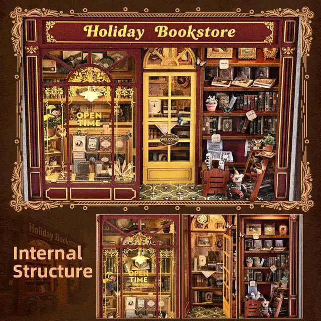 Alt view image 6 of 6 - Book Nook Kit-3D Wooden Puzzle with LED Switch Control & Wall-Mountable Frame,DIY Miniature House for Beginners,Bookshelf/Tabletop/Wall Decor for Craft Lovers,Dollhouse Gift,Holiday Bookstore