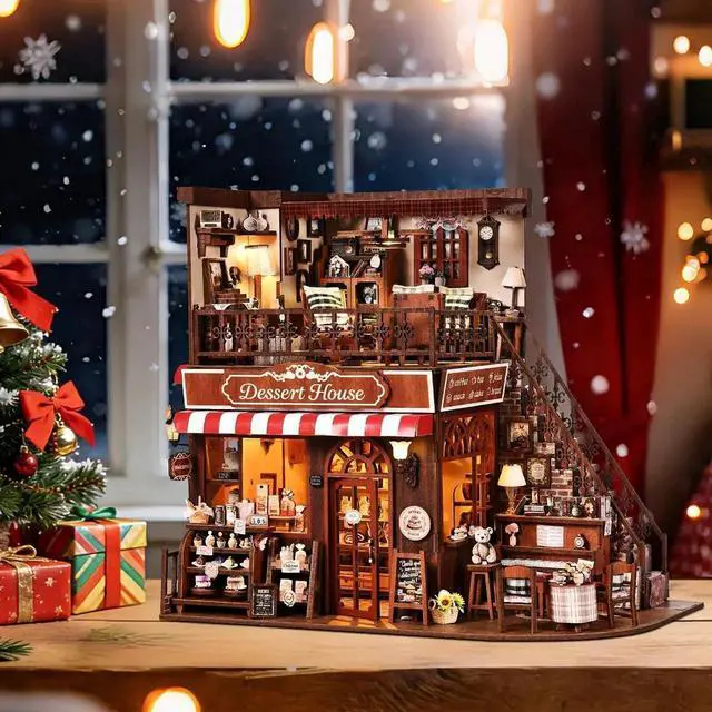 Alt view image 7 of 7 - DIY Miniature House Kit, Dollhouse Fantastic Corner Shop for Adults to Build, Birthday/Christmas Day Gift for Family and Friends, Prefab Tiny Home with LED Lights,Corner Dessert House