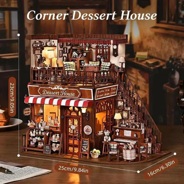 Alt view image 5 of 7 - DIY Miniature House Kit, Dollhouse Fantastic Corner Shop for Adults to Build, Birthday/Christmas Day Gift for Family and Friends, Prefab Tiny Home with LED Lights,Corner Dessert House