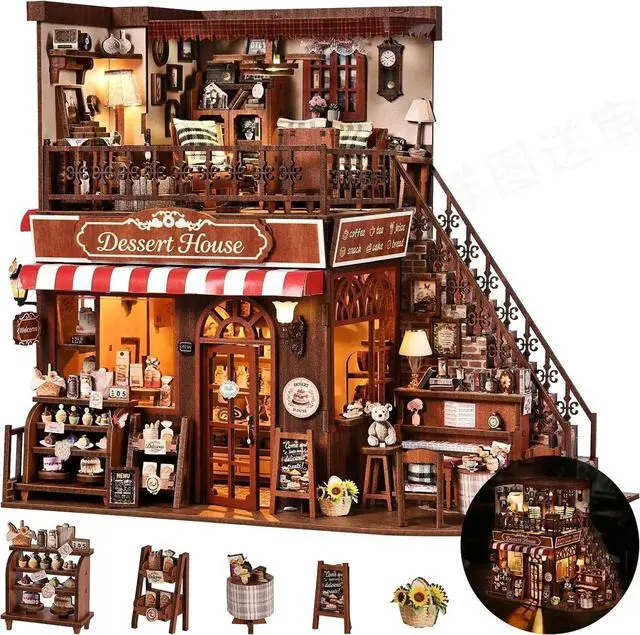Alt view image 6 of 7 - DIY Miniature House Kit, Dollhouse Fantastic Corner Shop for Adults to Build, Birthday/Christmas Day Gift for Family and Friends, Prefab Tiny Home with LED Lights,Corner Dessert House