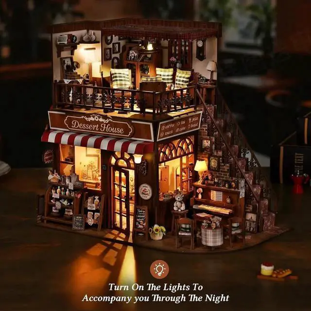 Alt view image 3 of 7 - DIY Miniature House Kit, Dollhouse Fantastic Corner Shop for Adults to Build, Birthday/Christmas Day Gift for Family and Friends, Prefab Tiny Home with LED Lights,Corner Dessert House