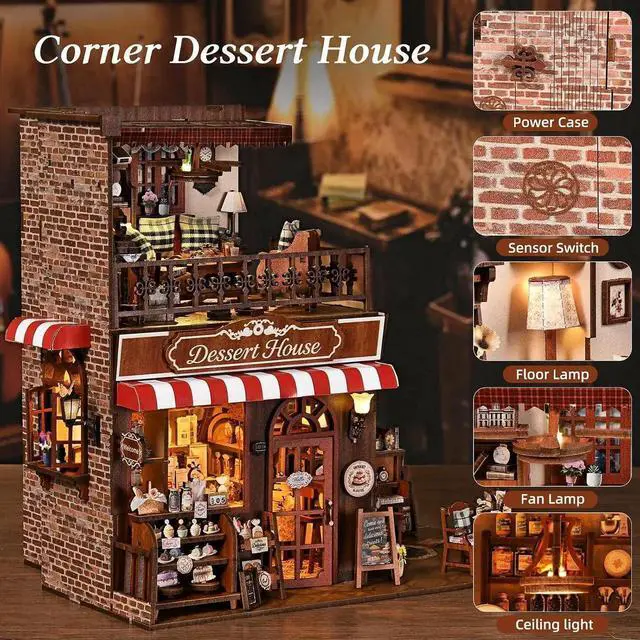 Alt view image 4 of 7 - DIY Miniature House Kit, Dollhouse Fantastic Corner Shop for Adults to Build, Birthday/Christmas Day Gift for Family and Friends, Prefab Tiny Home with LED Lights,Corner Dessert House