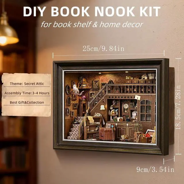 Alt view image 5 of 7 - Book Nook Kit-3D Wooden Puzzle with LED Touch Control & Wall-Mountable Frame,DIY Miniature House for Beginners,Bookshelf/Tabletop/Wall Decor for Craft Lovers,Dollhouse Gift,Secret Attic