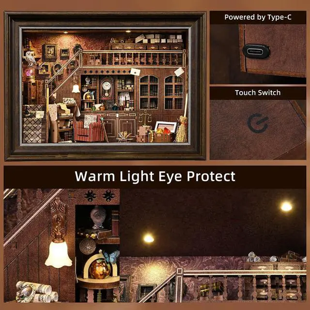 Alt view image 4 of 7 - Book Nook Kit-3D Wooden Puzzle with LED Touch Control & Wall-Mountable Frame,DIY Miniature House for Beginners,Bookshelf/Tabletop/Wall Decor for Craft Lovers,Dollhouse Gift,Secret Attic