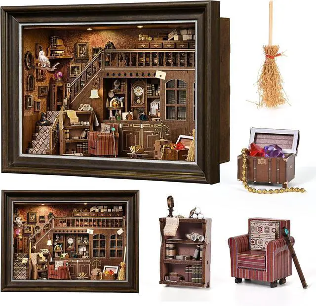 Alt view image 3 of 7 - Book Nook Kit-3D Wooden Puzzle with LED Touch Control & Wall-Mountable Frame,DIY Miniature House for Beginners,Bookshelf/Tabletop/Wall Decor for Craft Lovers,Dollhouse Gift,Secret Attic