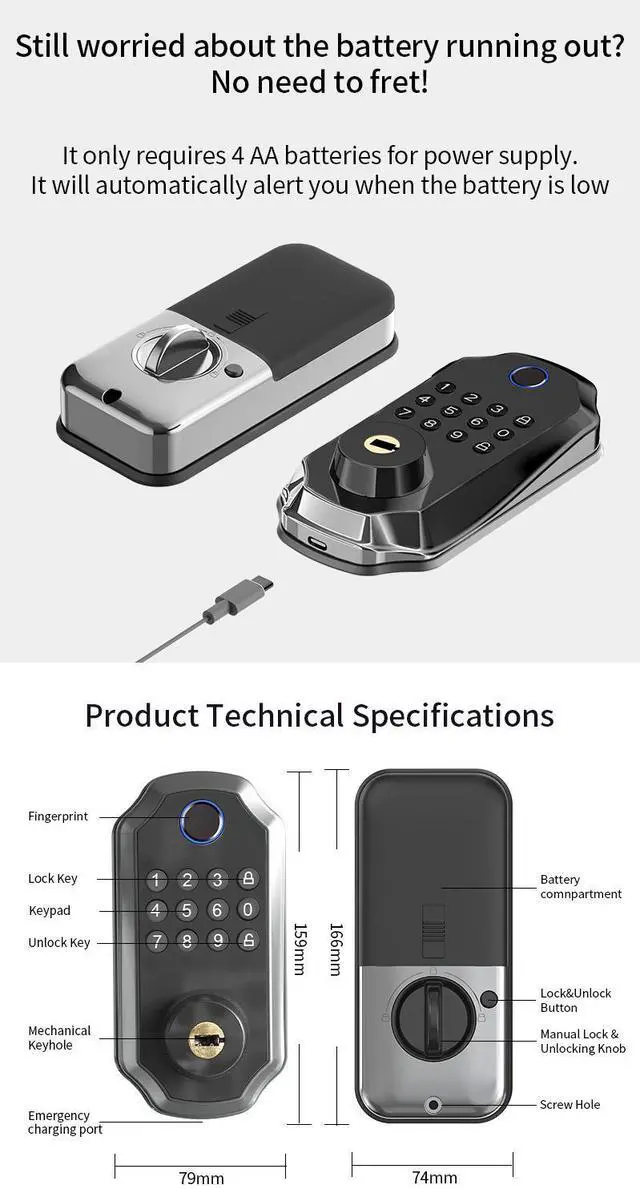 Alt view image 7 of 7 - Smart Fingerprint Door Lock, Automatic Closing Electronic Lock for Home Bedroom Wooden Doors, Keyless Handleless Biometric Lock with Aluminum Alloy Body