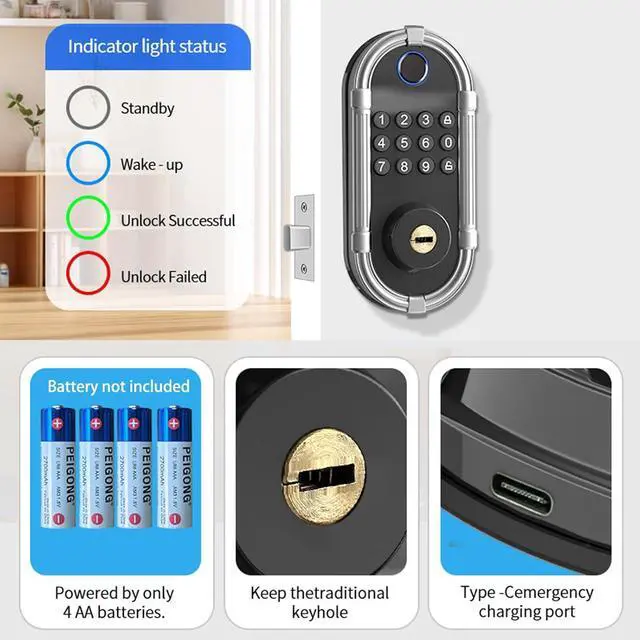 Alt view image 5 of 6 - Smart Fingerprint Door Lock, Automatic Electronic Security Lock with Password Keypad, Keyless Biometric Entry Lock for Home Front Doors and Apartments(Nickel)