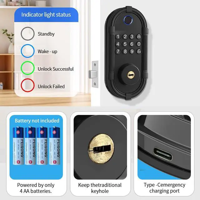 Alt view image 4 of 7 - Smart Fingerprint Door Lock, Automatic Electronic Security Lock with Password Keypad, Keyless Biometric Entry Lock for Home Front Doors and Apartments(Black)