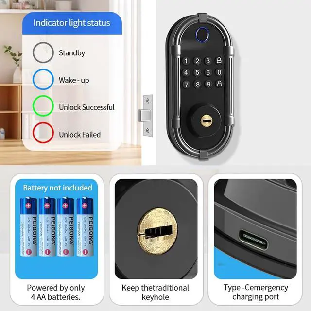 Alt view image 4 of 7 - Smart Fingerprint Door Lock, Automatic Electronic Security Lock with Password Keypad, Keyless Biometric Entry Lock for Home Front Doors and Apartments(Gray)