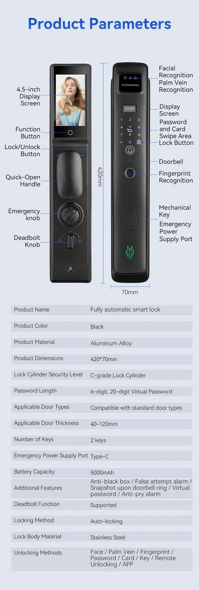 Alt view image 7 of 7 - WiFi Smart Lock with Camera Video Doorbell, 8-in-1 Keyless Deadbolt | Digital Lock for Front Door, Fingerprint Lock with Keypad, Voice & Remote Control, Palm Vein & Face Recognition Access