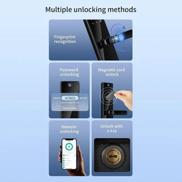 Alt view image 3 of 7 - Smart Lock with Camera 4.5 Inch Screen BT Keyless Entry Door Lock TY APP/Fingerprint/Password/Card/Mechanical Key Unlocking Methods Door Lock for 40-120mm Thickness Office Home Bedroom Door