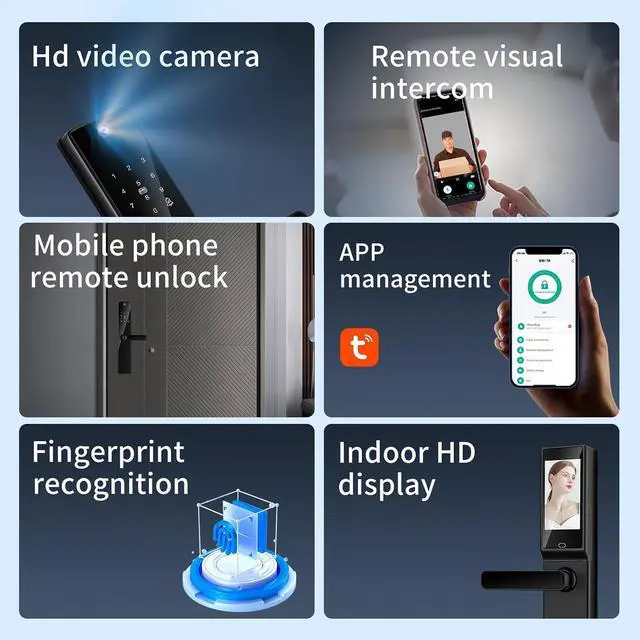 Alt view image 6 of 7 - Smart Lock with Camera 4.5 Inch Screen BT Keyless Entry Door Lock TY APP/Fingerprint/Password/Card/Mechanical Key Unlocking Methods Door Lock for 40-120mm Thickness Office Home Bedroom Door