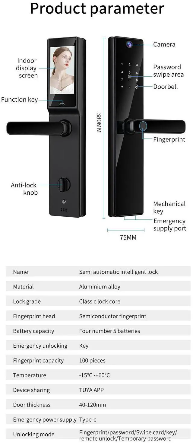 Alt view image 7 of 7 - Smart Lock with Camera 4.5 Inch Screen BT Keyless Entry Door Lock TY APP/Fingerprint/Password/Card/Mechanical Key Unlocking Methods Door Lock for 40-120mm Thickness Office Home Bedroom Door