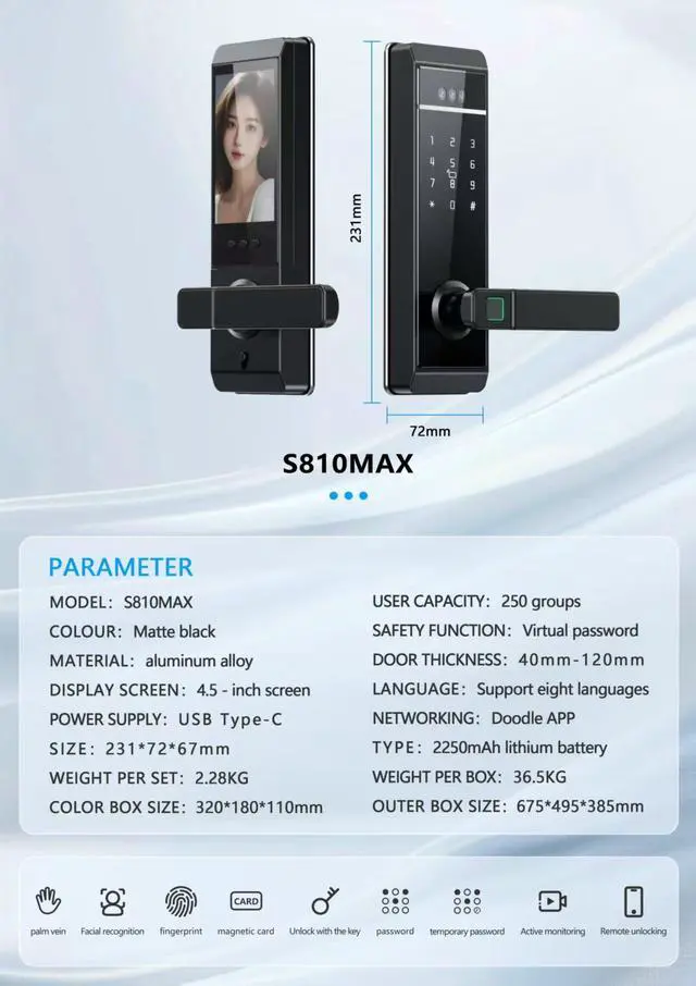 Alt view image 3 of 7 - Tuya Smart Indoor Door Lock with One-Touch Handle, Fingerprint, Password & RFID Card Access, WiFi Enabled Electronic Smart Lock for Home and Office