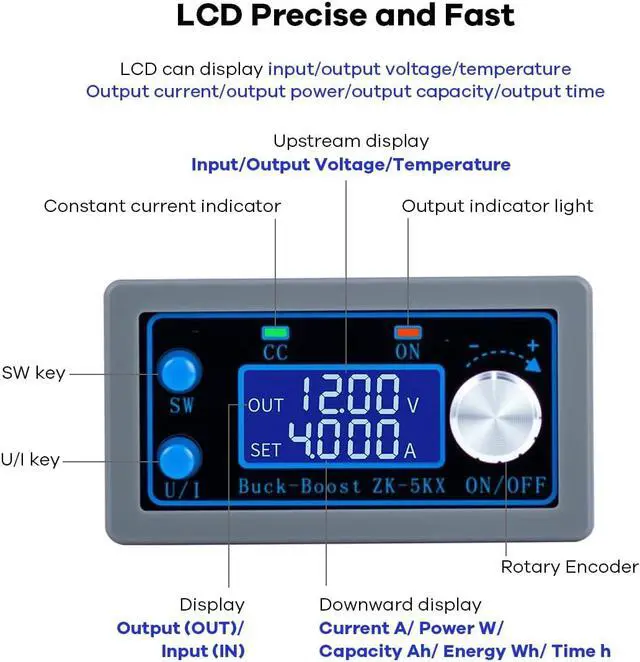 Alt view image 2 of 7 - ZK-5KX Automatic voltage regulation adjustable power supply with 5A/80W, featuring digital display, constant voltage and constant current, and programmable stable voltage regulation module board