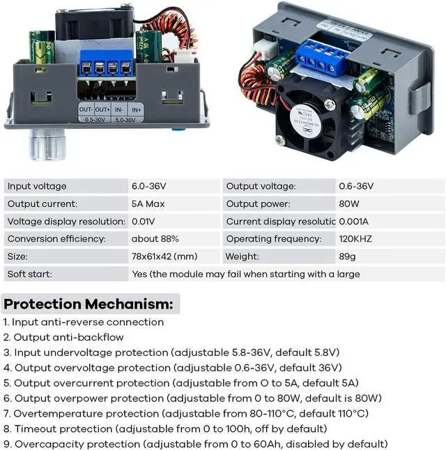 Alt view image 6 of 7 - ZK-5KX Automatic voltage regulation adjustable power supply with 5A/80W, featuring digital display, constant voltage and constant current, and programmable stable voltage regulation module board
